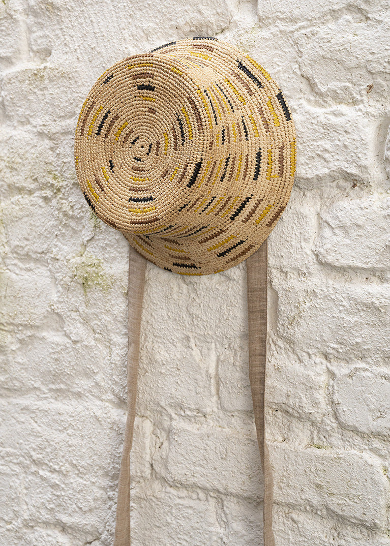handknotted BUCKET HAT, yellow, black and sand colored stripes