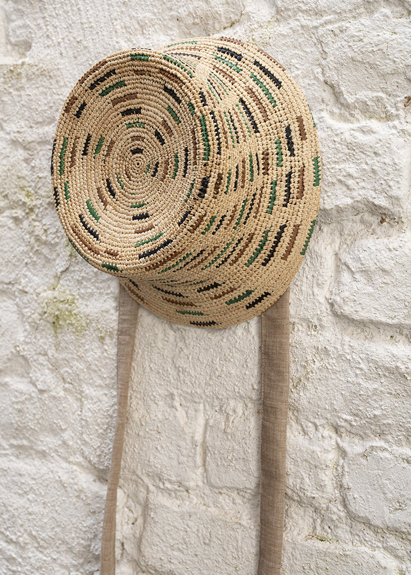 handknotted BUCKET HAT green, sand and black colored stripes