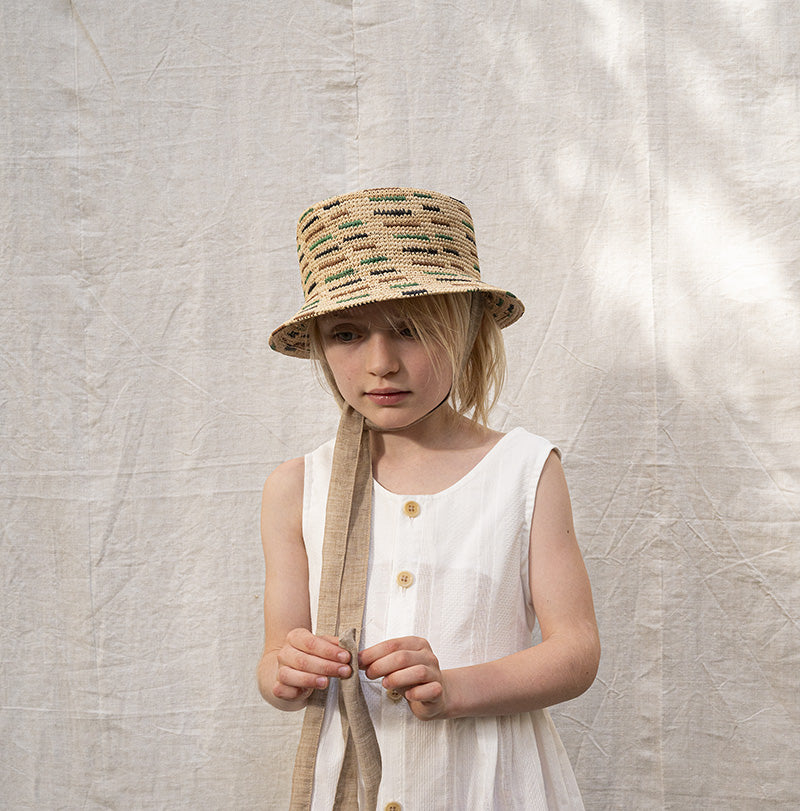 handknotted BUCKET HAT green, sand and black colored stripes