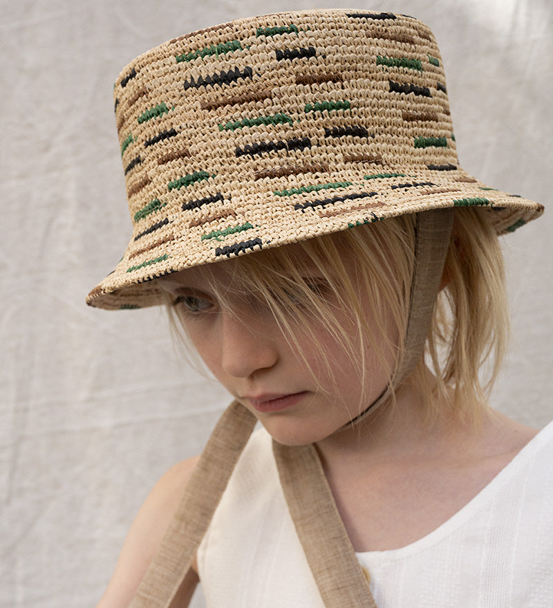 handknotted BUCKET HAT green, sand and black colored stripes