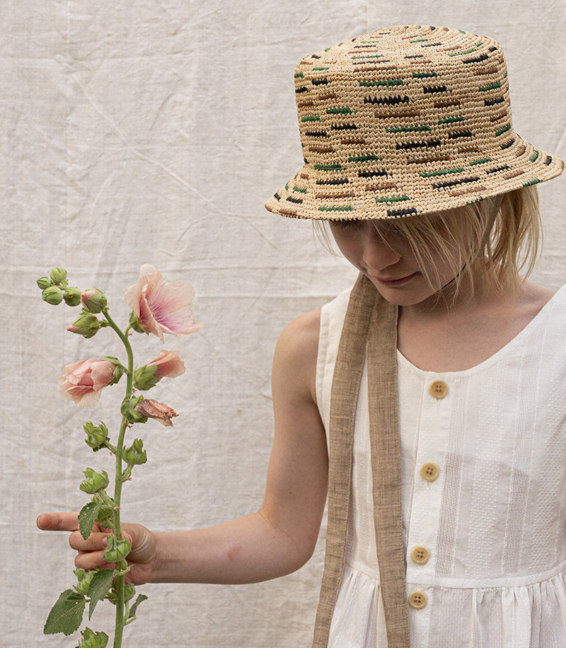 handknotted BUCKET HAT green, sand and black colored stripes