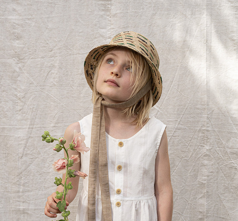 handknotted BUCKET HAT green, sand and black colored stripes