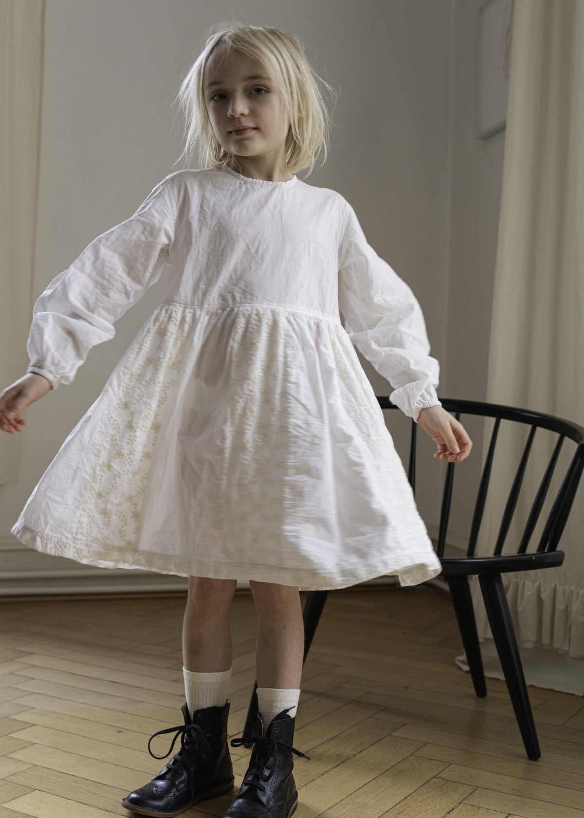 wrinkled off white cotton DRESS with silk inserts